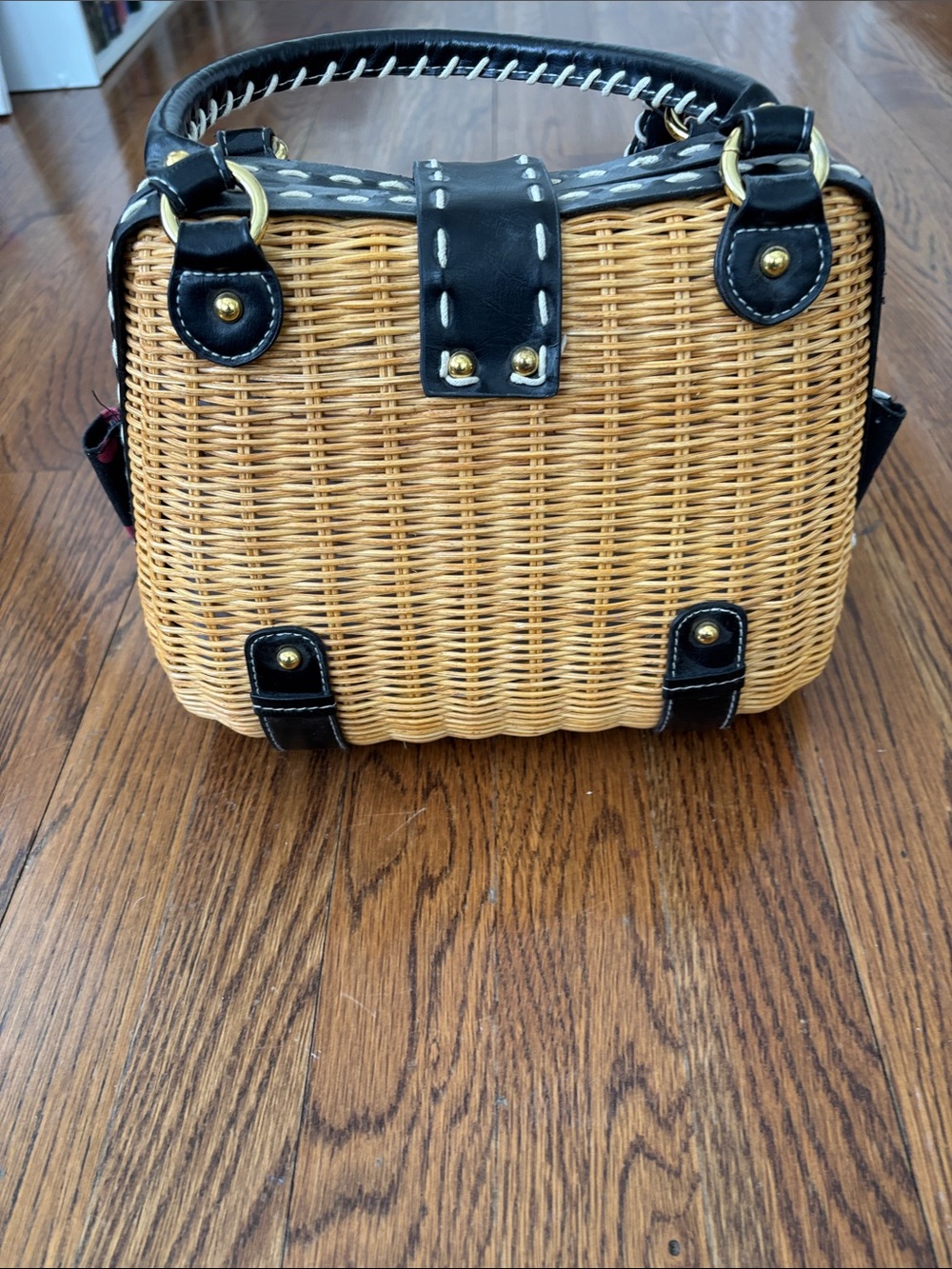 Woven Rattan Mini Satchel Handbag with Black Leather Trim - Picture 5 of 7